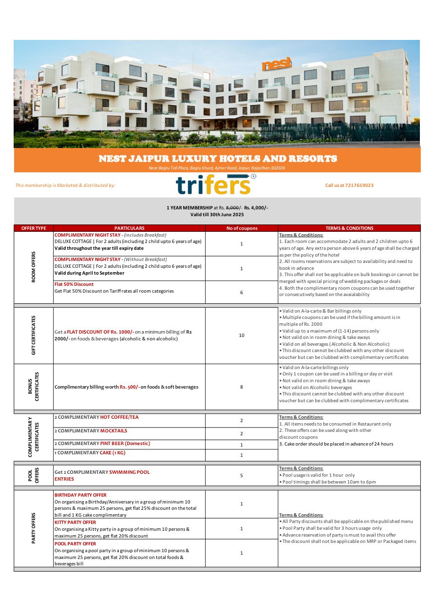 NEST JAIPUR LUXURY HOTELS AND RESORTS membership offer cover